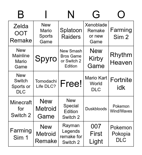 Nintendo Direct 6/9/26 Bingo Card