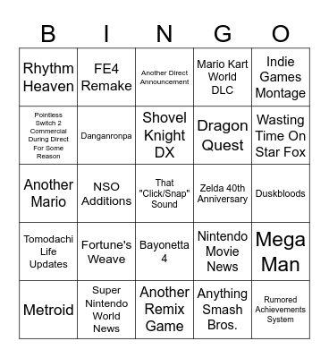 Nintendo Direct 6-9-2026 Bingo Card