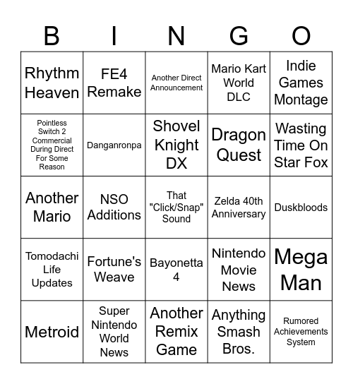 Nintendo Direct 6-9-2026 Bingo Card
