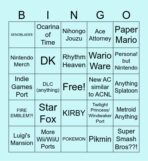 Nintendo Direct 2026 Prediction BINGO Card