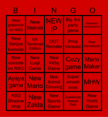 Nintedo Direct 2026 Bingo Card