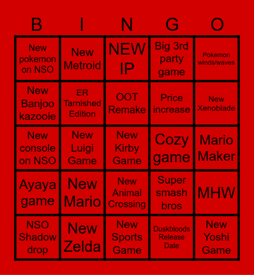 Nintedo Direct 2026 Bingo Card