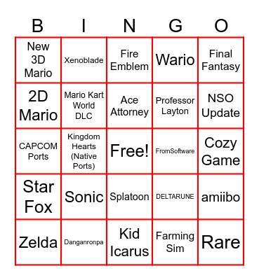 Nintendo Direct 6.9 Bingo Card
