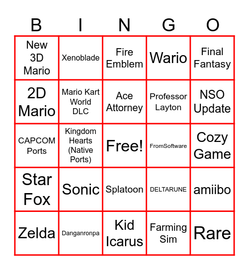 Nintendo Direct 6.9 Bingo Card