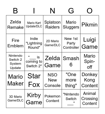 Nintendo Direct Bingo 6/9/2026 Bingo Card