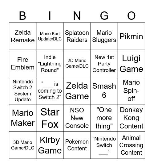 Nintendo Direct Bingo 6/9/2026 Bingo Card