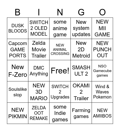 NINTENDO DIRECT 6/9/26 Bingo Card