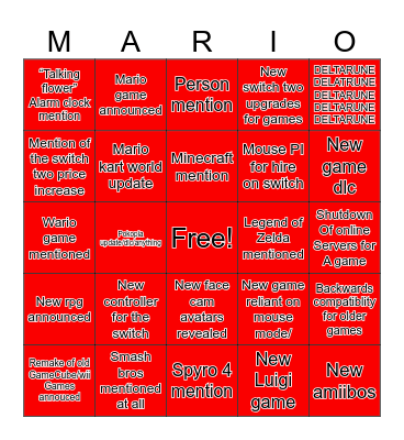 Nintendo direct Bingo Card