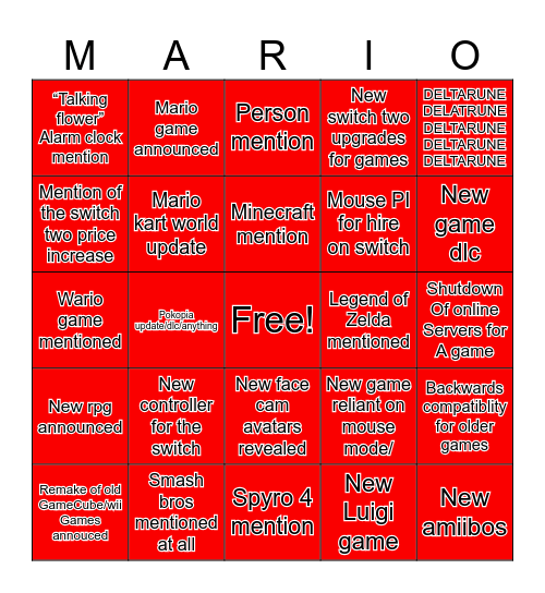 Nintendo direct Bingo Card