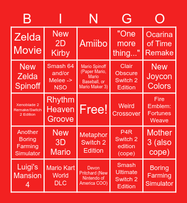 Nintendo Direct 6/9 Bingo Card