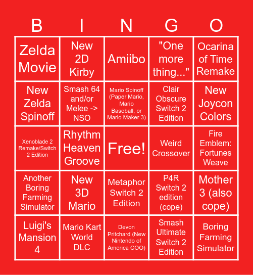 Nintendo Direct 6/9 Bingo Card