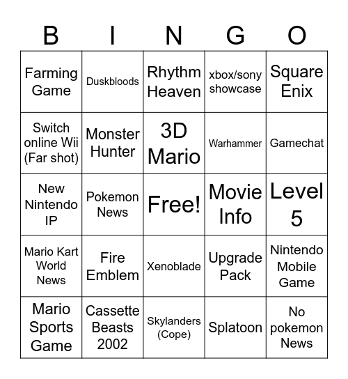 Henry Nintendo Direct 9/6/26 Bingo Card