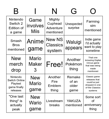 Nintendo Direct Bingo Card