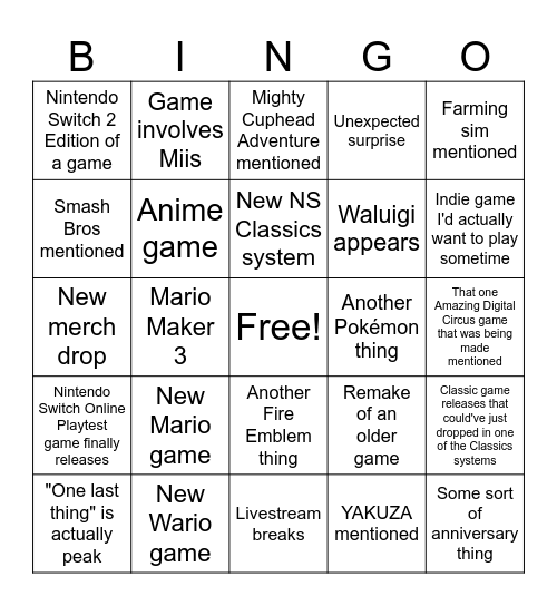 Nintendo Direct Bingo Card