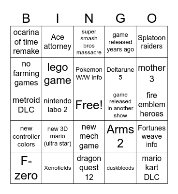 Nintendo Direct Bingo Card