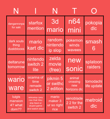 nintendo Bingo Card