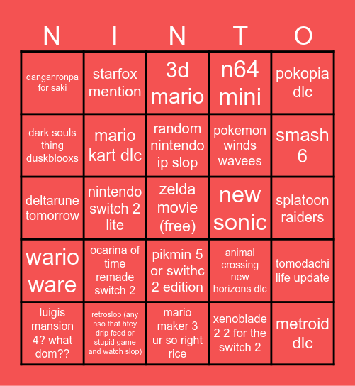 nintendo Bingo Card