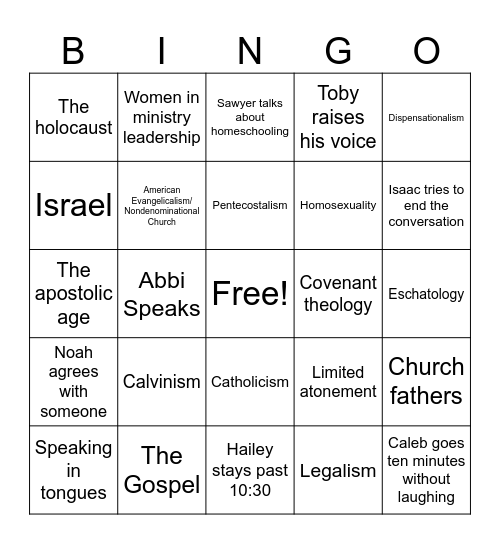 Random Theology Conversation Bingo Card