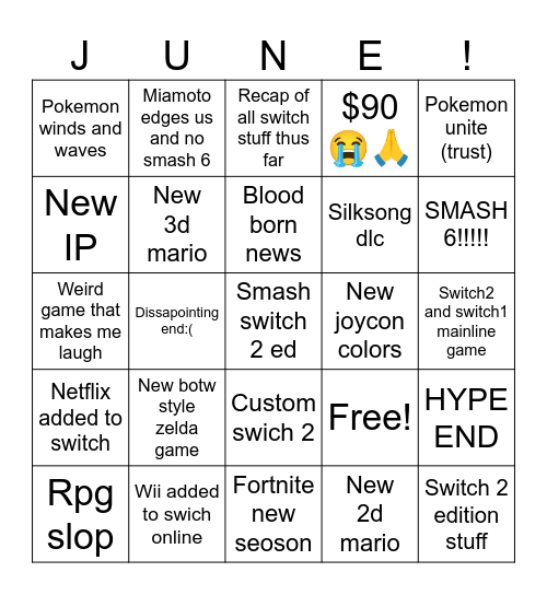June Nintendo Direct Bingo Card