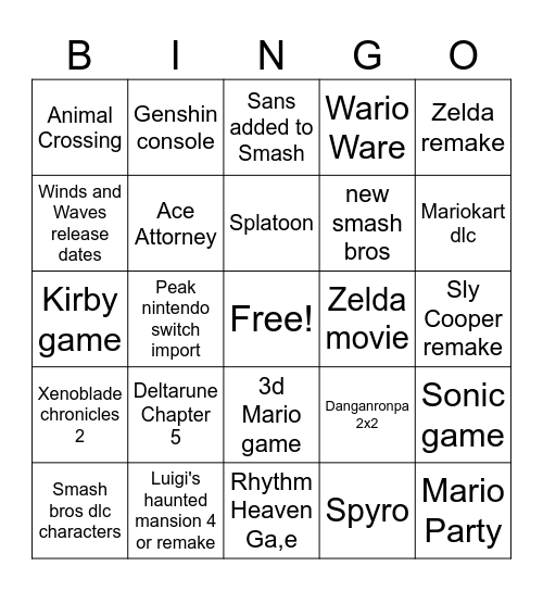 Nintendo Direct 6/9 Bingo Card