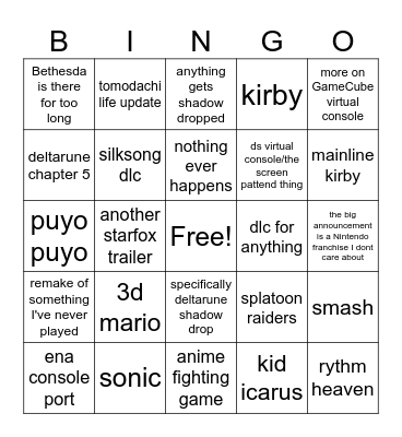 nintendo direct June 2026 Bingo Card