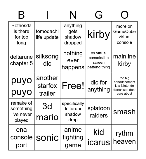nintendo direct June 2026 Bingo Card