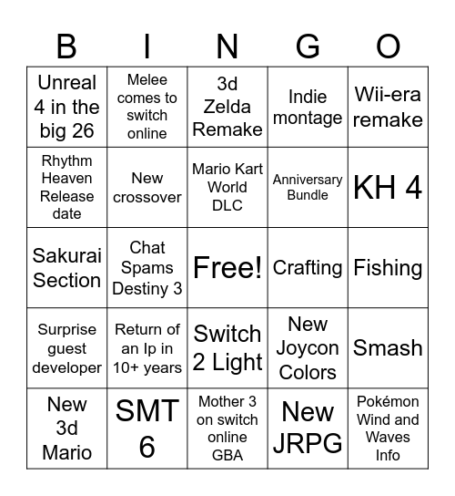 June Nintendo Direct Bingo Card