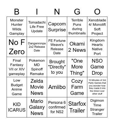 June Nintendo Direct Bingo Card