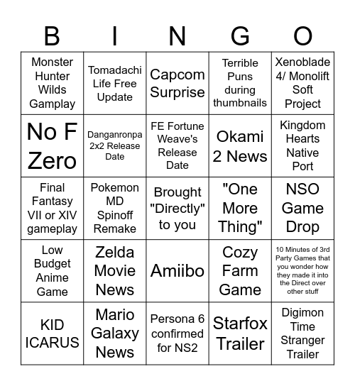 June Nintendo Direct Bingo Card