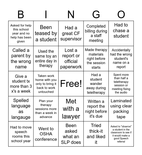 School Based SLP Bingo Card