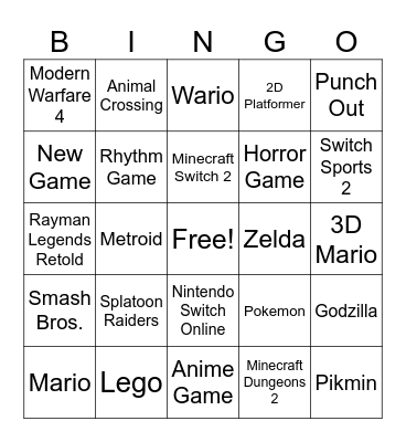 Nintendo Direct Bingo Card
