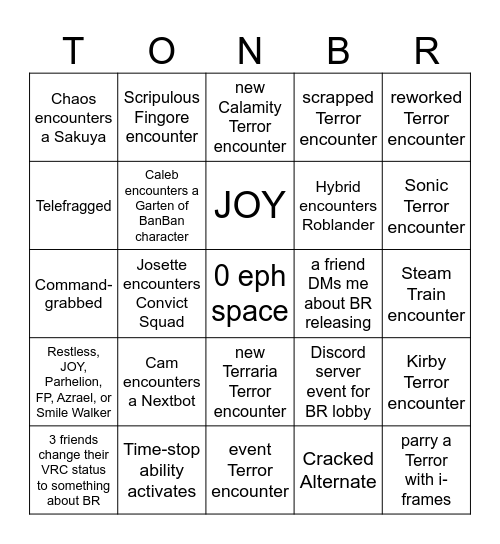 ToN BR Release Day Bingo Card