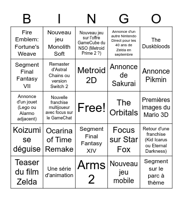 Nintendo Direct Juin 2026 Bingo Card