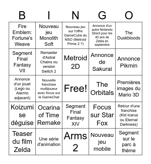 Nintendo Direct Juin 2026 Bingo Card