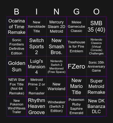 Shinobu's Nintendo Direct Bingo Card