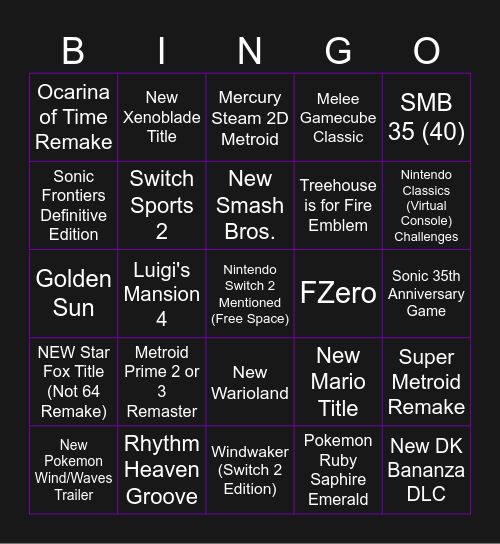 Shinobu's Nintendo Direct Bingo Card
