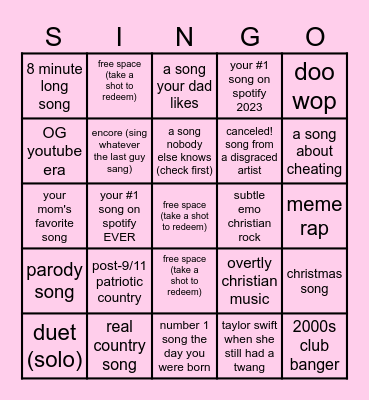 karaoke Bingo Card