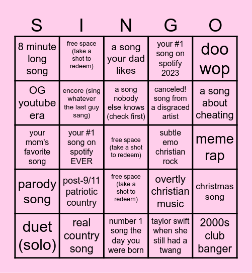 karaoke Bingo Card