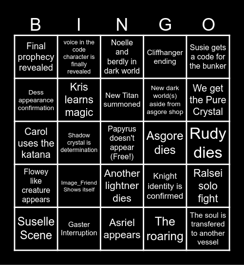Deltarune Chapter 5 Bingo Card