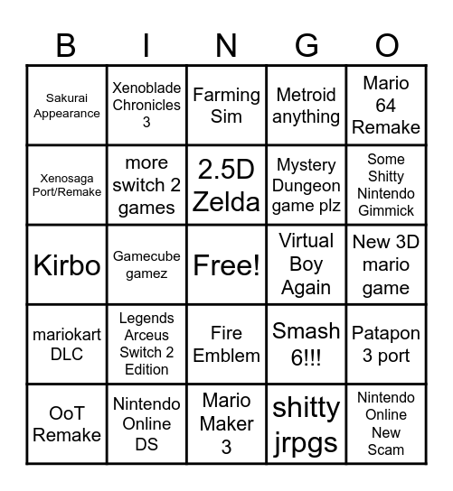 Nintendo Direct Bingo Card