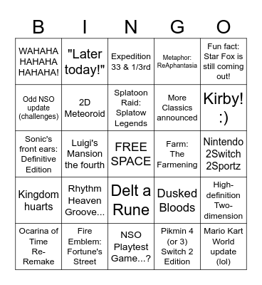 Sean Nintendo Direct Bingo Card