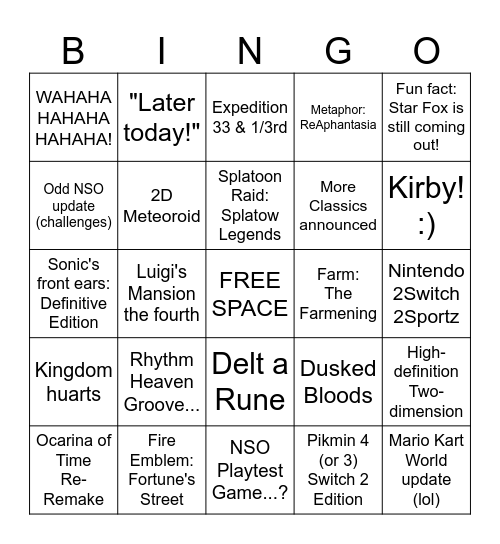 Sean Nintendo Direct Bingo Card