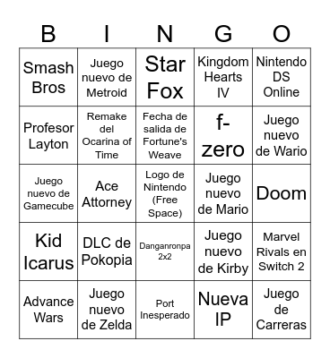 Nintendo Direct Bingo Card