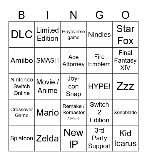 Nintendo Direct 6.9.2026 Bingo Card