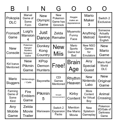 Nintendo Direct Bingo Card