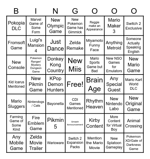 Nintendo Direct Bingo Card