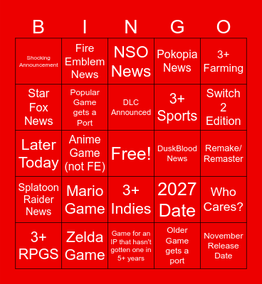 Nintendo Direct June 2026 Bingo Card