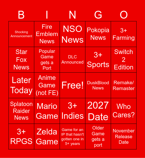 Nintendo Direct June 2026 Bingo Card