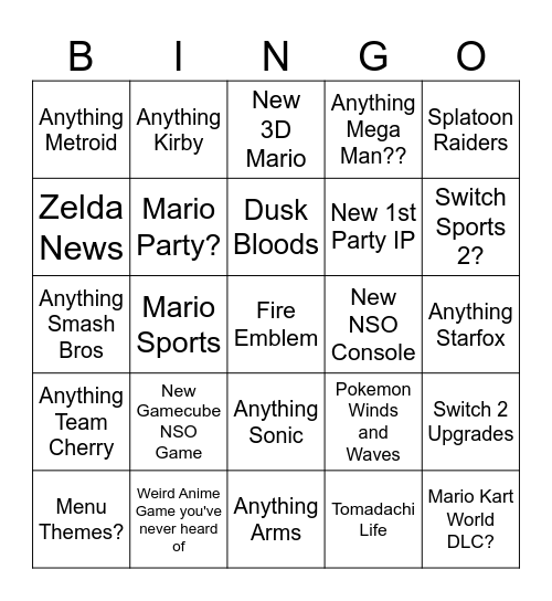 Nintendo Switch Direct Bingo Card
