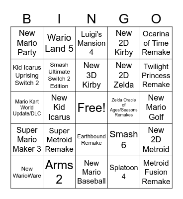 Nintendo Direct Bingo Card